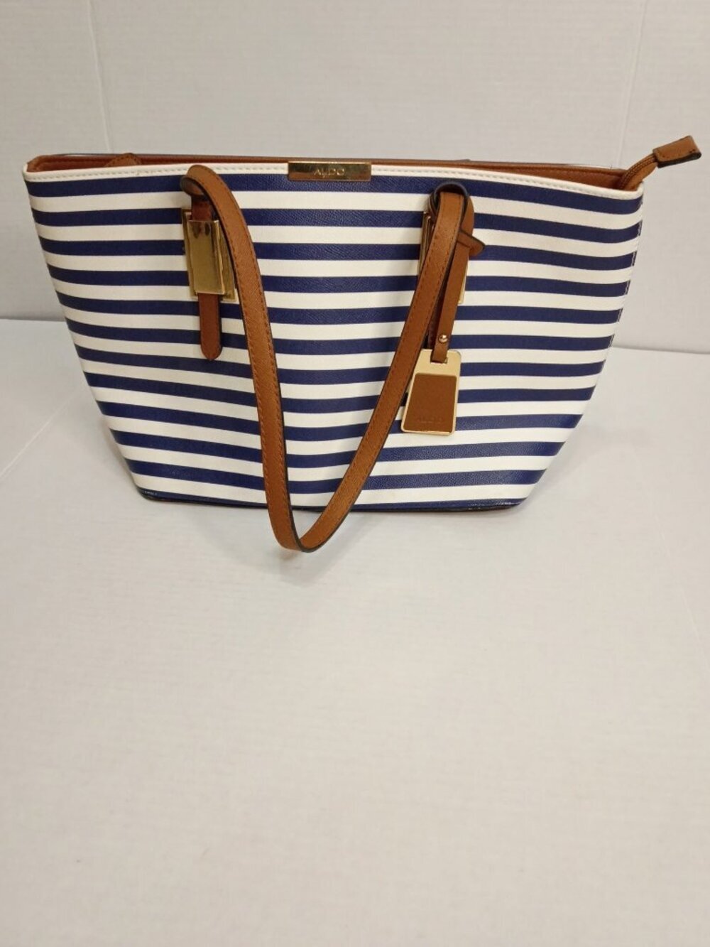 ALDO Nautical Striped Tote Bag Navy Blue White Tan Gold Hardware